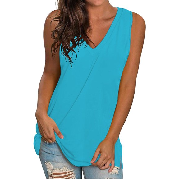Pxiakgy Womens Summer Tank Tops Basic Tanks V Neck Sleeveless T Shirts Side Split Solid Color Loose V Neck Sleeveless Sleeveless Solid Color Blouse Business Casual Tank Flowy Tops Blue Xxl