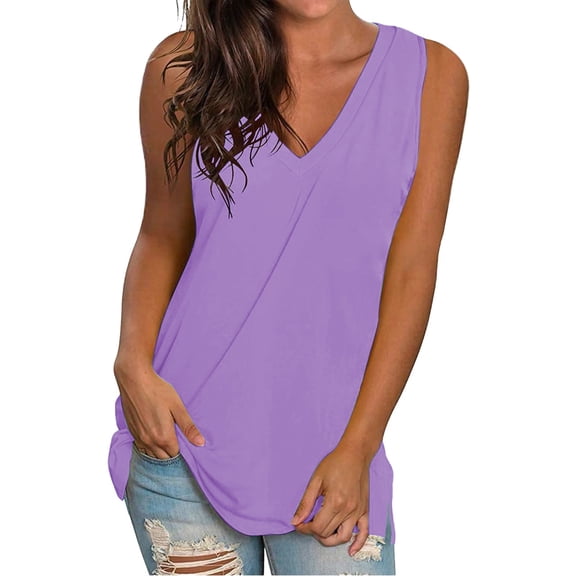 Pxiakgy Womens Summer Tank Tops Basic Tanks V Neck Sleeveless T Shirts Side Split Solid Color Loose V Neck Sleeveless Sleeveless Solid Color Blouse Business Casual Tank Flowy Tops Purple Xxl