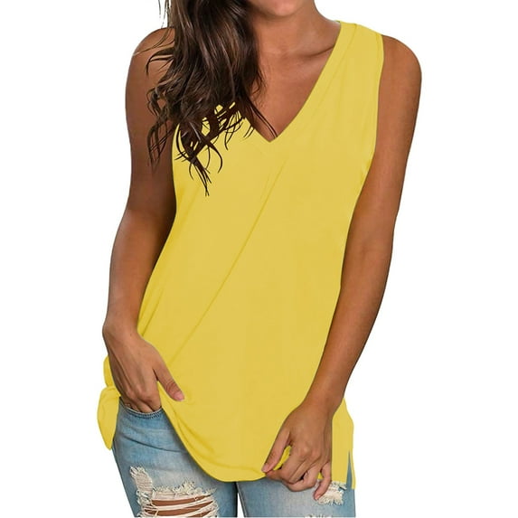 Pxiakgy Womens Summer Tank Tops Basic Tanks V Neck Sleeveless T Shirts Side Split Solid Color Loose V Neck Sleeveless Sleeveless Solid Color Blouse Business Casual Tank Flowy Tops Yellow Xl
