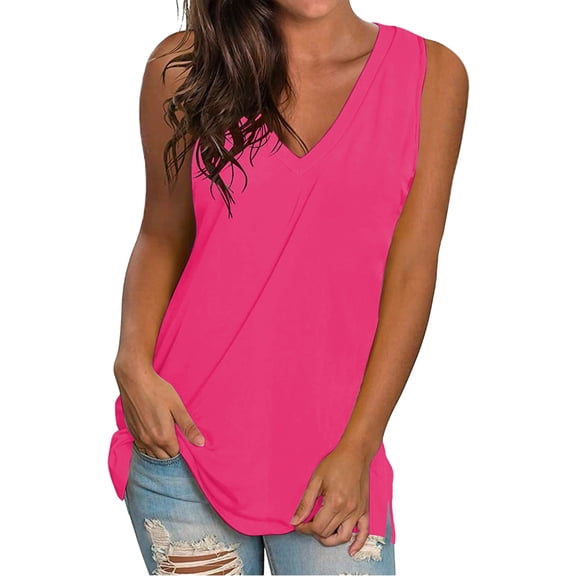 Pxiakgy Womens Summer Tank Tops Basic Tanks V Neck Sleeveless T Shirts Side Split Solid Color Loose V Neck Sleeveless Sleeveless Solid Color Blouse Business Casual Tank Flowy Tops Hot Pink M