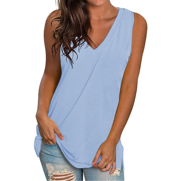 Pxiakgy Womens Summer Tank Tops Basic Tanks V Neck Sleeveless T Shirts Side Split Solid Color Loose V Neck Sleeveless Sleeveless Solid Color Blouse Business Casual Tank Flowy Tops Light Blue L