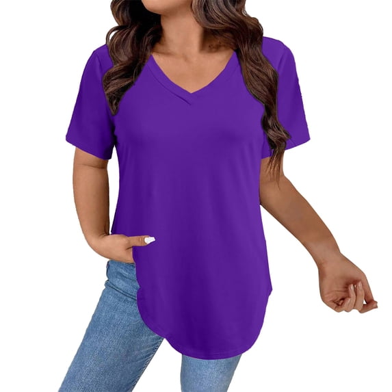 Pxiakgy Womens T Shirt Summer Tops Short Sleeve Fashion Basic Casual Oversized Beach Vacation Clothes 2025 Trendy T Shirts V Neck Summer Short/Long Sleeve Cotton Tops Tees Purple 3Xl