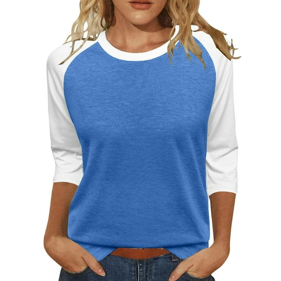 Pxiakgy Womens Tops 3/4 Sleeve Shirts Round Neck Loose Casual Tshirts Color Block Summer Tees Women's 3/4 Shoulder Sleeve Color Blocked T Shirt Top Blue S