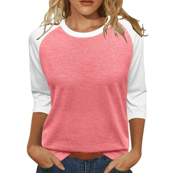 Pxiakgy Womens Tops 3/4 Sleeve Shirts Round Neck Loose Casual Tshirts Color Block Summer Tees Women's 3/4 Shoulder Sleeve Color Blocked T Shirt Top Pink M