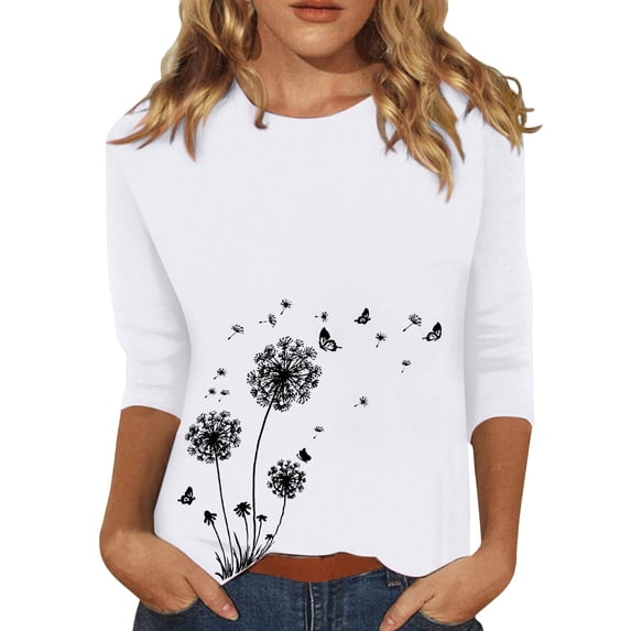 Pxiakgy Womens Tops Dandelion Print 3/4 Sleeves Crew Neck Shirts Loose Fit Cute Graphic Tees Causal Blouse Casual Boho Clothing Plush Collar Cuffs Christmas Print Loose Long Sleeved T Shirt White S