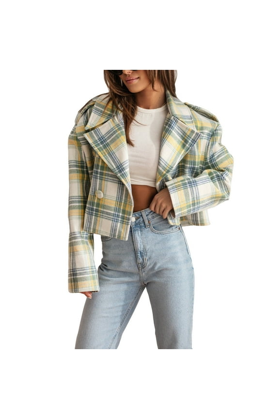 Womens Tweed Blazers Casual Long Sleeve Double Breasted Open Front Plaid Crop Blazer Dressy Work Lapel Suits Jackets Women's Autumn British Suit Collar Plaid Printed Woolen Jacket Yellow M