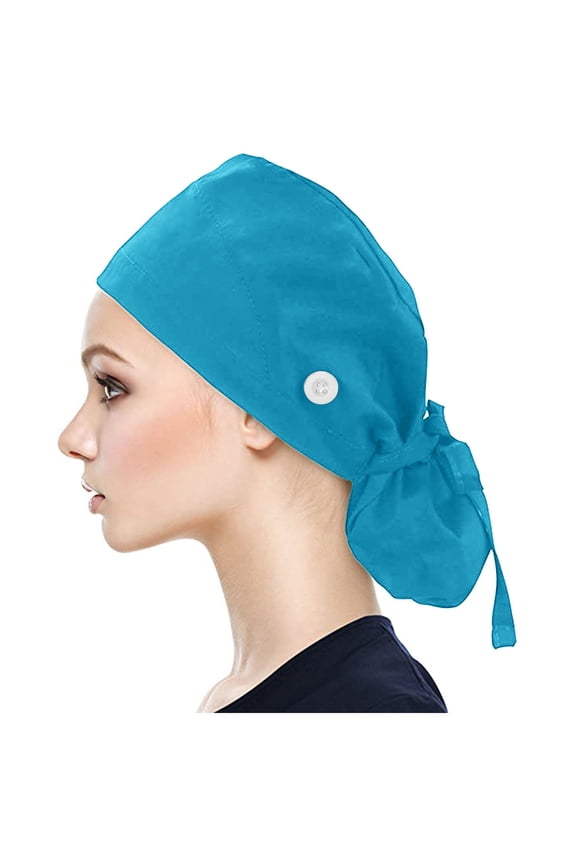 baseball cap Scrub Cap With Buttons Bouffant Hat With Sweatband for Womens and Mens Sky Blue + One size