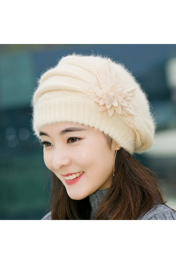 beret hats for women Fashion Womens Flower Knit Crochet Beanie Hat Winter Warm Cap Beret Beige + One size