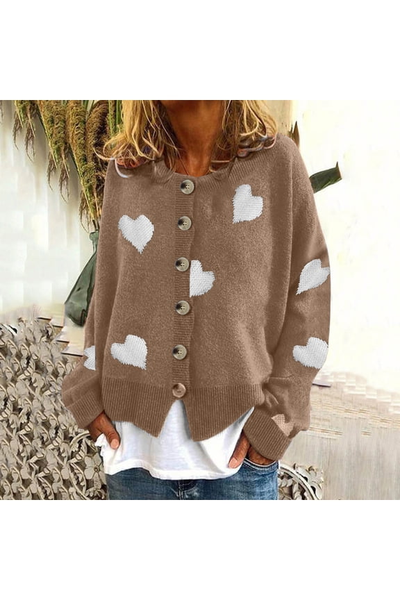 cardigan for women Women's Heart-shaped Embroidered Knit Cardigan Sweater Slim O-neck Long Sleeve Sweater long cardigans for women Khaki + S