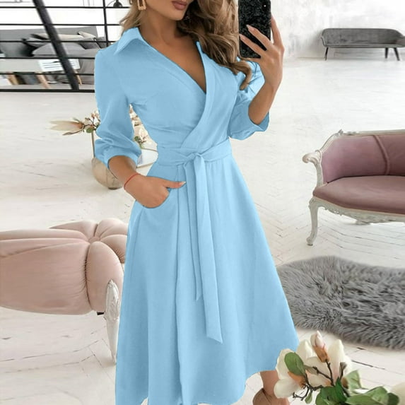 Pxiakgy dresses for women 2022 Womens Fashion Pure Color V-neck Lacing Slim Body Wrap Long Dress Women's Casual Dress Sky Blue + XXL