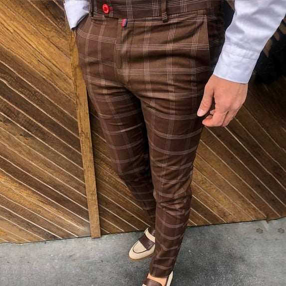 Pxiakgy jeans for men Men's Casual Plaid Print Party Suit Pants Stretch Feet Pants With Pockets Men Casual Pants Brown + L