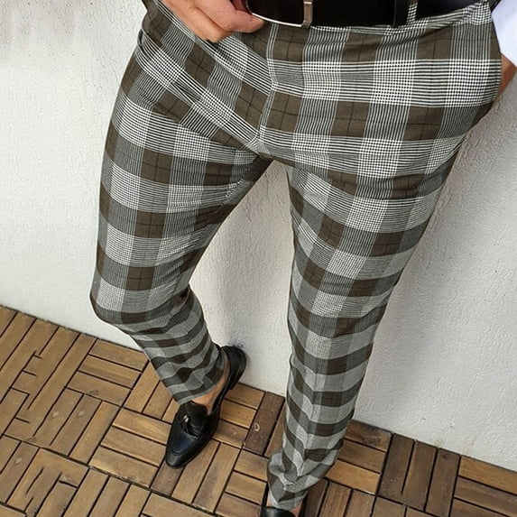 Pxiakgy jeans for men Men's Casual Plaid Print Party Suit Pants Stretch Feet Pants With Pockets Men Casual Pants Coffee + M