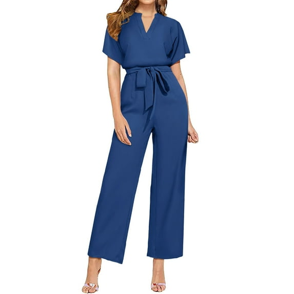 Pxiakgy jumpsuits for women Women's Solid V Neck Short Sleeved Belt Casual Fashion Jumpsuit womens jumpsuit Blue + L