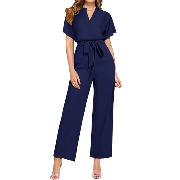 Pxiakgy jumpsuits for women Women's Solid V Neck Short Sleeved Belt Casual Fashion Jumpsuit womens jumpsuit Navy   XXL
