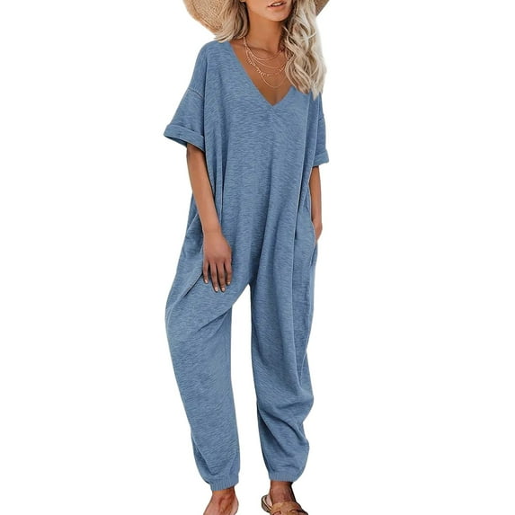 Pxiakgy jumpsuits for women womens jumpsuit Women's Solid Color Fashionable Casual V Neck Short Sleeved Hoodie Jumpsuit Blue + XL