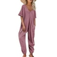 thumbnail image 1 of Pxiakgy jumpsuits for women womens jumpsuit Women's Solid Color Fashionable Casual V Neck Short Sleeved Hoodie Jumpsuit Red + M, 1 of 4
