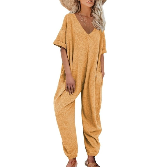 Pxiakgy jumpsuits for women womens jumpsuit Women's Solid Color Fashionable Casual V Neck Short Sleeved Hoodie Jumpsuit Yellow + L
