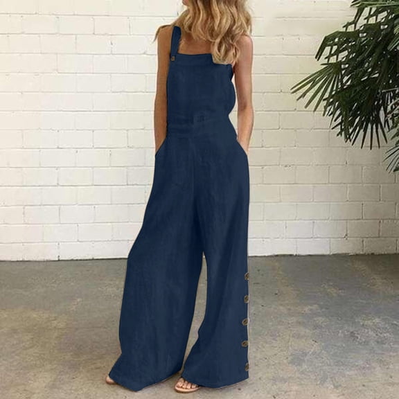 Pxiakgy jumpsuits for women Women's Sleeveless Overalls Jumpsuit Casual Solid Summer Wide Leg Bib Pants Bottons Wide Leg Jumpsuit Romper With Pockets womens jumpsuit Navy   XL