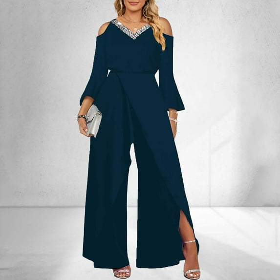 Pxiakgy jumpsuits for women Women's Slit Sequin Solid V Neck Elegant Wide Leg Loose Sleeve Bell Sleeve Jumpsuit womens jumpsuit one piece jumpsuit Dark blue + L