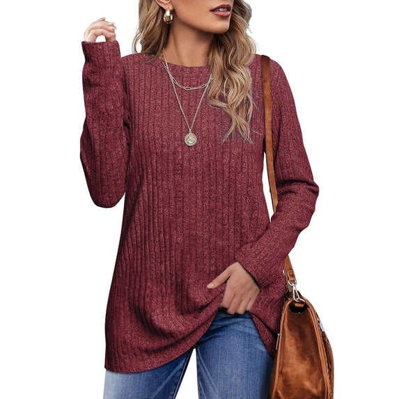 Pxiakgy long sleeve shirts for women Women's Long Sleeve Shirts Crewneck Tunic Tops Lightweight Fall Sweaters womens long sleeve tops shirts for women gifts for women Red + L