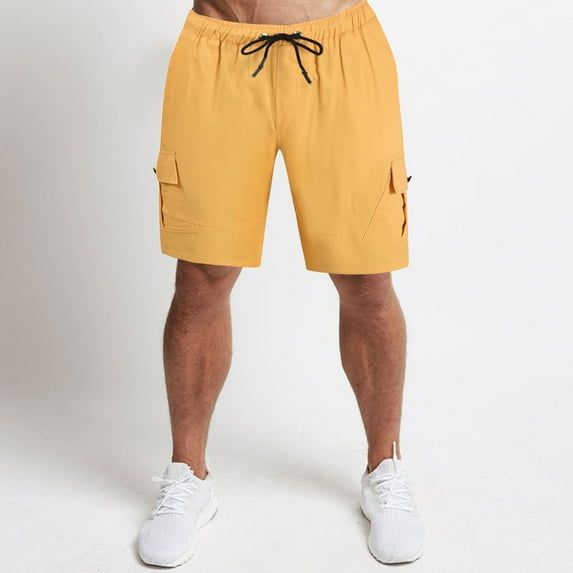 Pxiakgy mens shorts Casual Pocket Length Men's Trousers Knee Shorts Drawstring Pants Solid Men's pants Men Casual Shorts Yellow + L