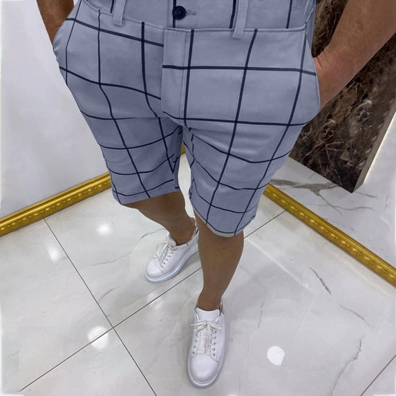 Pxiakgy mens shorts Male Summer Casual Slim Big Plaid Print Shorts Zipper Fly Semi Elastic Waist Pocket Shorts Men Casual Shorts Grey + 3XL