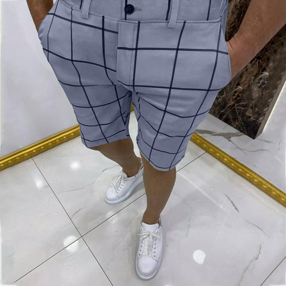 Pxiakgy mens shorts Male Summer Casual Slim Big Plaid Print Shorts Zipper Fly Semi Elastic Waist Pocket Shorts Men Casual Shorts Grey + XL