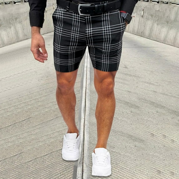 Pxiakgy mens shorts Male Summer Casual Slim Plaid Printed Shorts Zipper Fly Semi Elastic Waist Pocket Shorts Men Casual Shorts Black + L