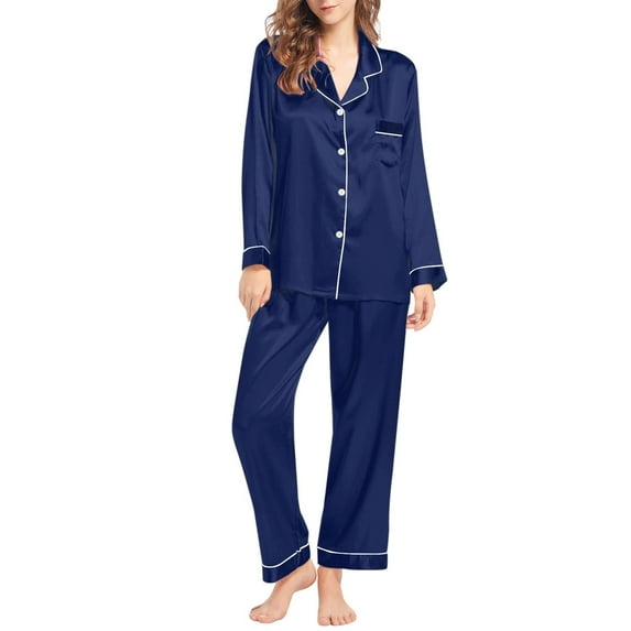 Pxiakgy pajamas for women Womens Silk Like Pajamas Long Sleeve Set Two Piece Sleepwear Button Down Nightwear Loungewear Sets womens pajamas A + 4XL