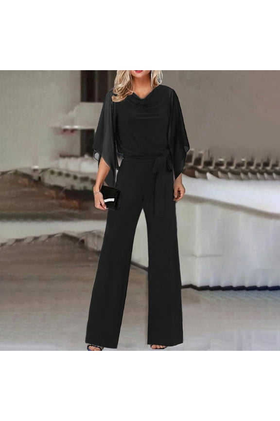 pants for women trendy Women's Jumpsuit Elegant Wedding Pant Suit Summer Long Jumpsuit Casual Pant Suit 3/4 Sleeve Solid Color Jumpsuit High Waist Jumpsu Black + M