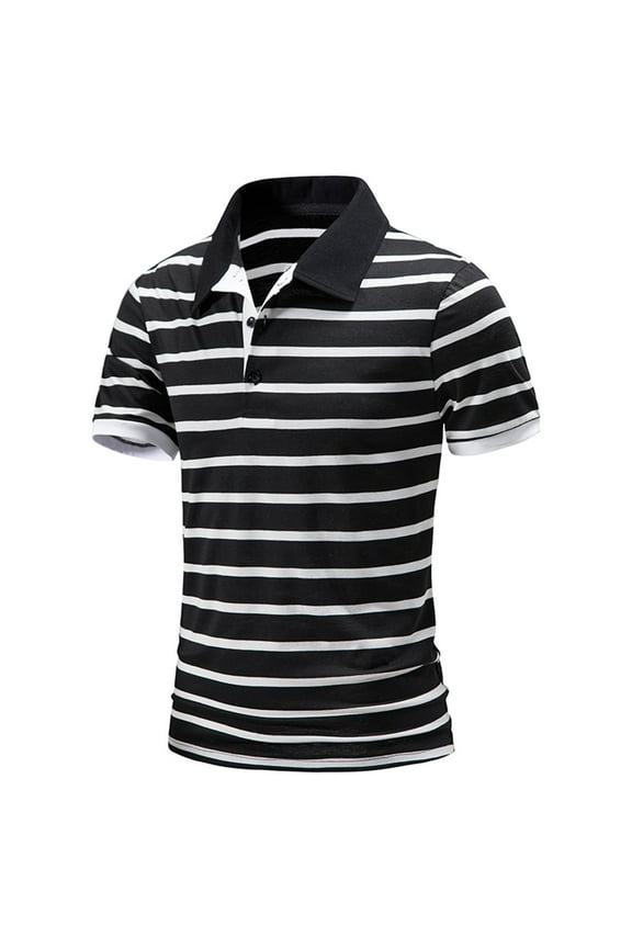 polo shirts for men Men Spring Summer Sports Leisure Top Shirt Wicking Cotton Lapel Short Sleeve T Shirt Stripe Top Shirt Men Polo Shirts Black + L