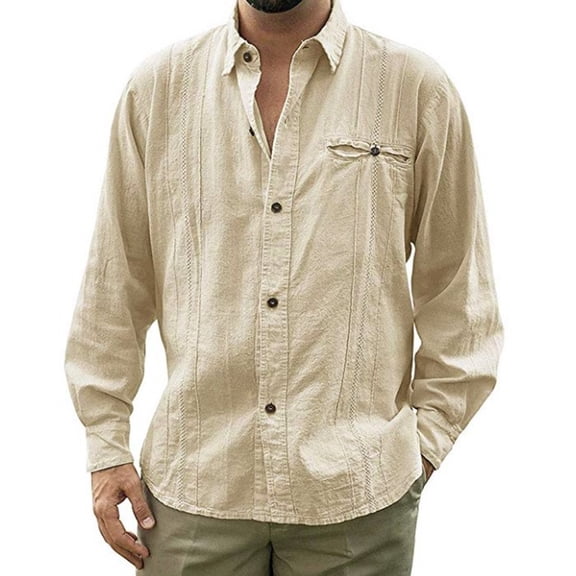 Pxiakgy shirts for men Fashion Casual Long Button Beach Collar Top Turn-down Sleeve Solid Blouse Men's Men's blouseMen's Dress Shirts Beige + XXL
