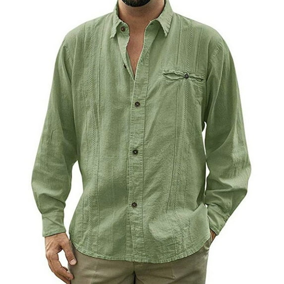 Pxiakgy shirts for men Fashion Casual Long Button Beach Collar Top Turn-down Sleeve Solid Blouse Men's Men's blouseMen's Dress Shirts Green + XXL