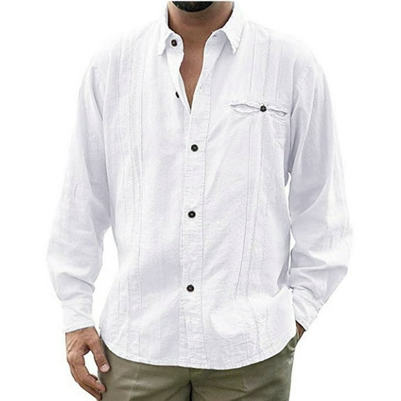 Pxiakgy shirts for men Fashion Casual Long Button Beach Collar Top Turn-down Sleeve Solid Blouse Men's Men's blouseMen's Dress Shirts White + L