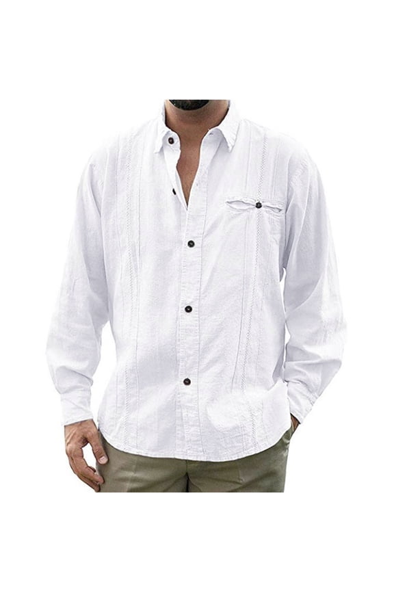 shirts for men Fashion Casual Long Button Beach Collar Top Turn-down Sleeve Solid Blouse Men's Men's blouseMen's Dress Shirts White + M