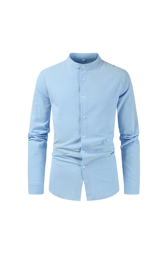shirts for men Men's Casual Solid Color Shirt Long Sleeve Half Cover Button Collarless Top mens shirts Blue + XXL