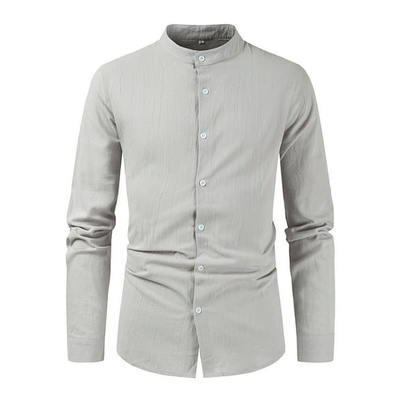 Pxiakgy shirts for men Men's Casual Solid Color Shirt Long Sleeve Half Cover Button Collarless Top mens shirts Grey + M