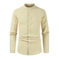 thumbnail image 1 of Pxiakgy shirts for men Men's Casual Solid Color Shirt Long Sleeve Half Cover Button Collarless Top mens shirts Khaki + M, 1 of 3