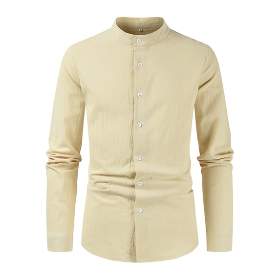 Pxiakgy shirts for men Men's Casual Solid Color Shirt Long Sleeve Half Cover Button Collarless Top mens shirts Khaki + M