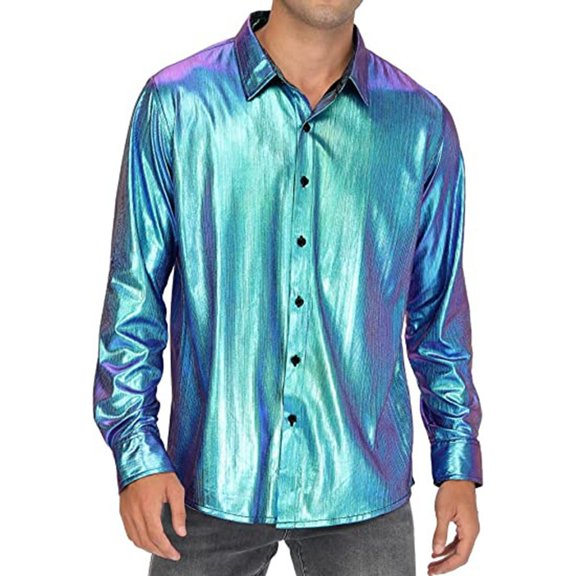 Pxiakgy shirts for men Men's Long Sleeved Lapel Fashion Button Down Shirt Sequin Shirt Casual Shirt Slim Dress Shirt mens shirts Light blue + XXL