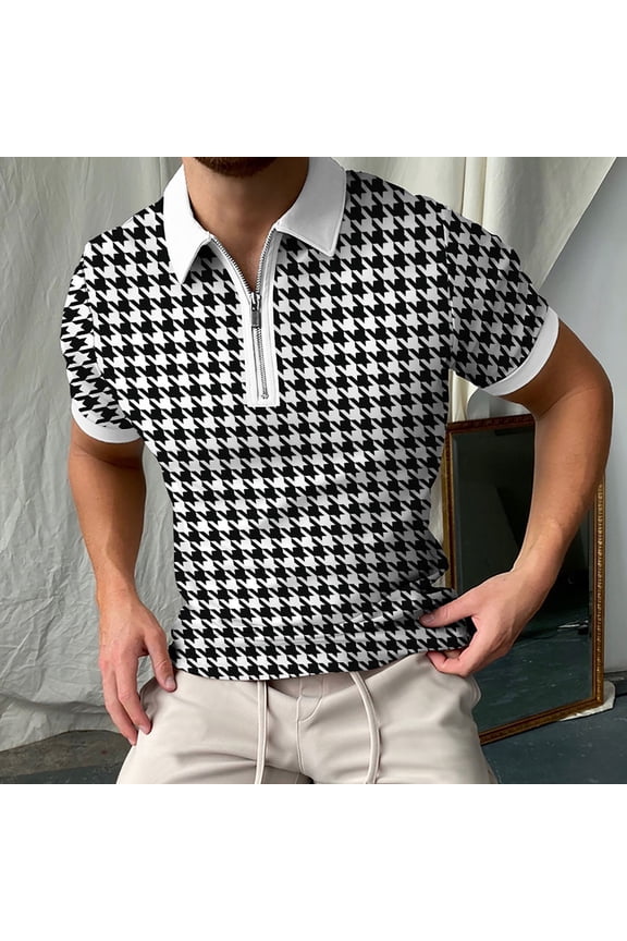 shirts for men Top Print Spring Men's Zipper And Lapel Short-sleeved Summer T-shirt Houndstooth Men's blouse Men Formal Shirts White + 3XL