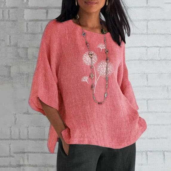 Pxiakgy shirts for women Summer Womens 3 Of 4 Sleeve Crew Neck Floral Printed Loose Top T Shirts Casual Linen Tunic Tee Blouse Pink + L