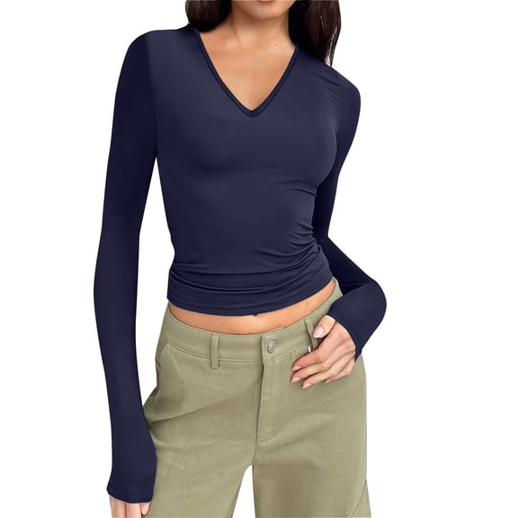 Pxiakgy shirts for women Women's Long Sleeve V Neck Short Top T Shirt Basic Solid Tight Tailored Short Top womens shirts Dark blue   L