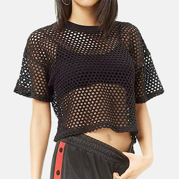 Pxiakgy shirts for women Womens Mesh Cover Up See Through Fishnet T Shirt Crop Top t shirts for women plus size tops for women Black + XXL