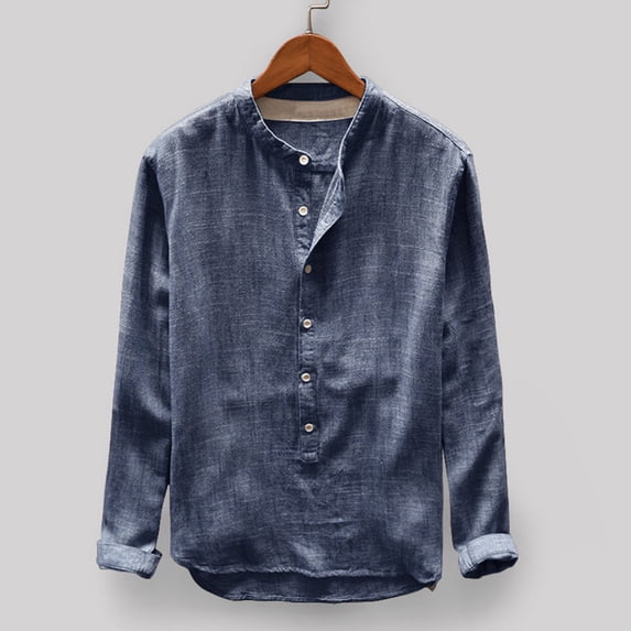 Pxiakgy shirts for men Mens Fashion Sleeve and Casual Blouse Button Linen Cotton Top Autumn Long Winter Men's blouseMen's Dress Shirts Navy Blue + 3XL