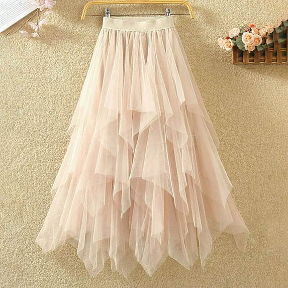 Pxiakgy skirts for women Women Spring Solid Color A-Line Elastic High Waist Long Mesh Skirt Gauze Skirt Beige + L