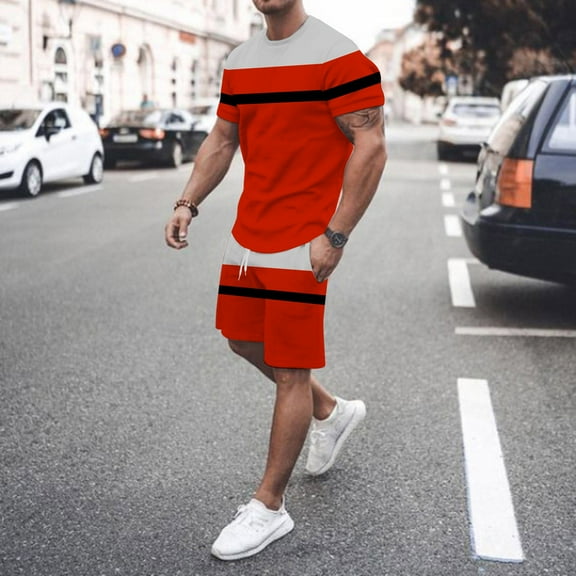 Pxiakgy suits for men Mens Spring Summer Leisure Sports Breathable Absorbing Stitching Printed Short Sleeve Shorts Two Piece Set Men Suits Red L