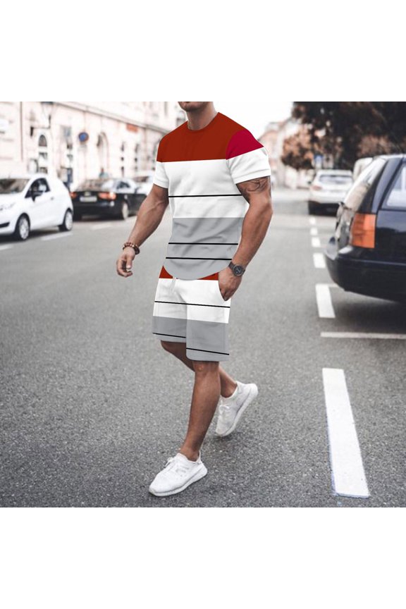 suits for men Mens Spring Summer Leisure Sports Breathable Absorbing Stitching Printed Short Sleeve Shorts Two Piece Set Men Suits Red + L