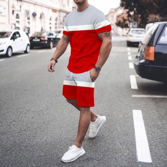 Pxiakgy suits for men Mens Spring Summer Leisure Sports Breathable Absorbing Stitching Printed Short Sleeve Shorts Two Piece Set Men Suits Red L