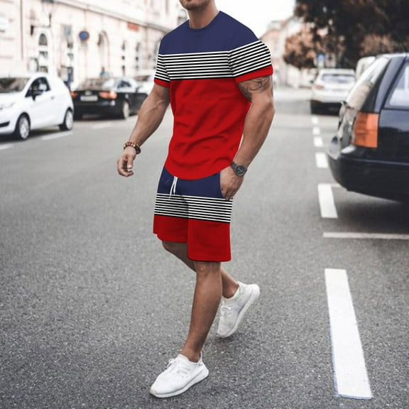 Pxiakgy suits for men Mens Spring Summer Leisure Sports Breathable Absorbing Stitching Printed Short Sleeve Shorts Two Piece Set Men Suits Red   XL